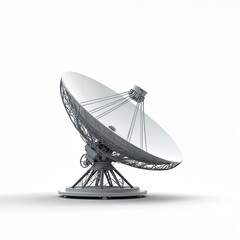 Fototapeta premium Large white satellite dish antenna on tripod base. Parabolic receiver aims skyward for signal. Global communication technology, radio astronomy, and space exploration.