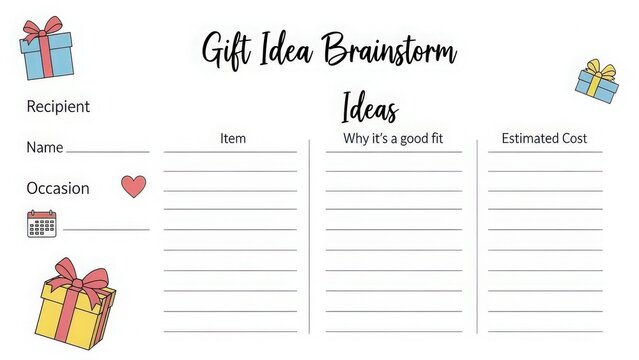 Organizing gift ideas with a brainstorm chart for thoughtful presents.