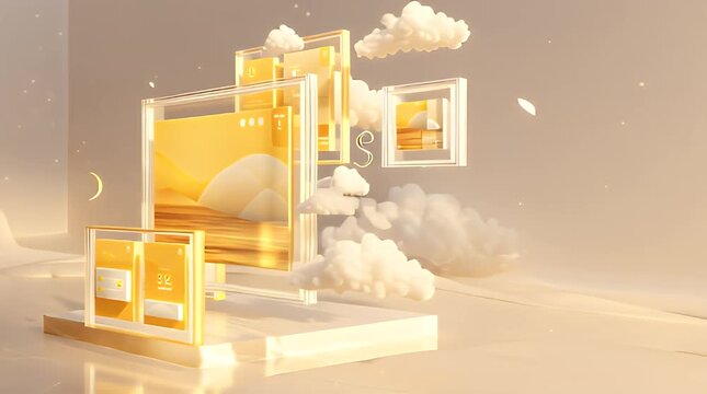 A surreal 3D scene featuring floating clouds and stylized digital interfaces with a warm, sunny aesthetic. A blend of abstraction and minimalist design