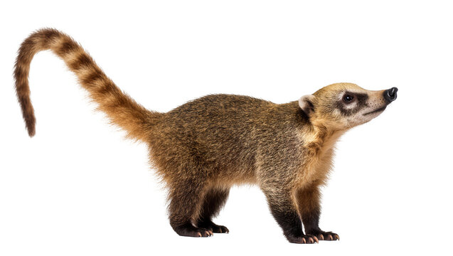 Isolated coati (Nasua nasua) standing in profile, attentive, cute and playful wild animal