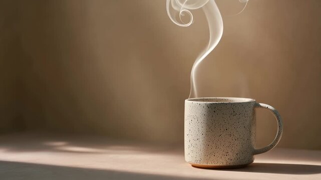 Steaming Hot Coffee Mug with Gentle Smoke Wisps in Warm Morning Light