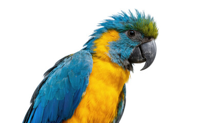 Obraz premium Isolated vibrant blue and yellow macaw looking right, a colorful tropical parrot portrait
