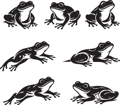 Set of Black Frog Silhouettes in Different Poses, Amphibian Vector Illustration Collection Isolated on White Background