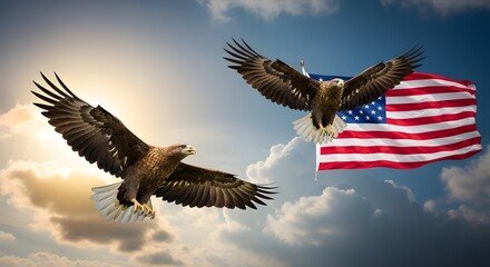 Obraz premium Two American Bald Eagles Flying with USA Flag in Sky