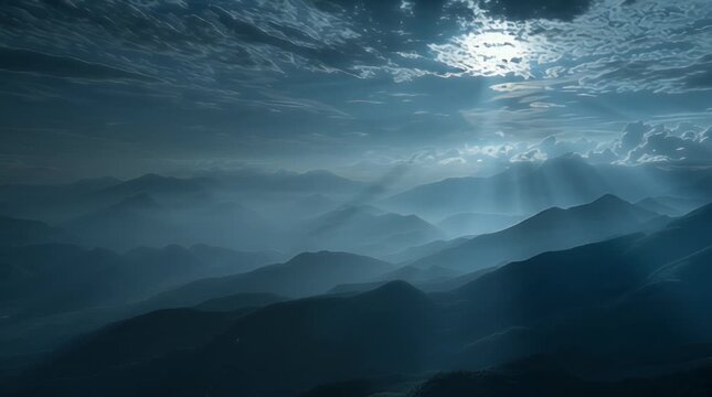 A vista featuring layered mountain ranges shrouded in mist, bathed in celestial light piercing through dramatic cloud formations