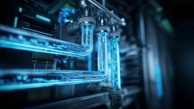 Neon blue liquid cooling system for a green energy data center.