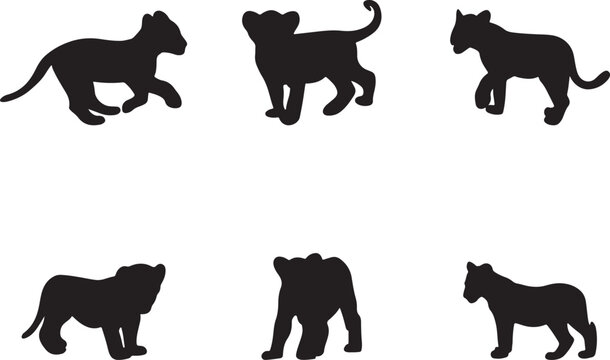 Lion and bear silhouettes walking and running on white background