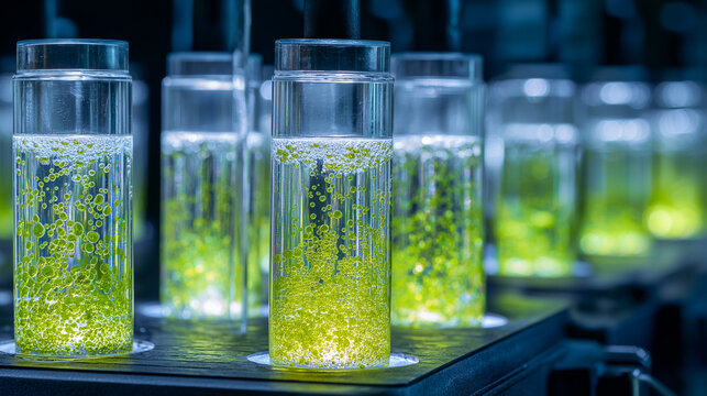 A futuristic laboratory photograph featuring rows of clear glass bio-reactor tubes filled with bubbling, emerald-green micro-algae culture