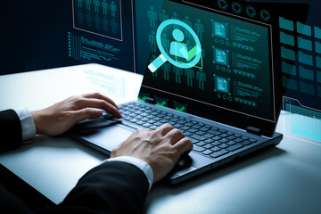 Obraz premium AI Data Analysis and User Verification on Laptop, Business Intelligence and Cyber Security Concept✅ Keywords