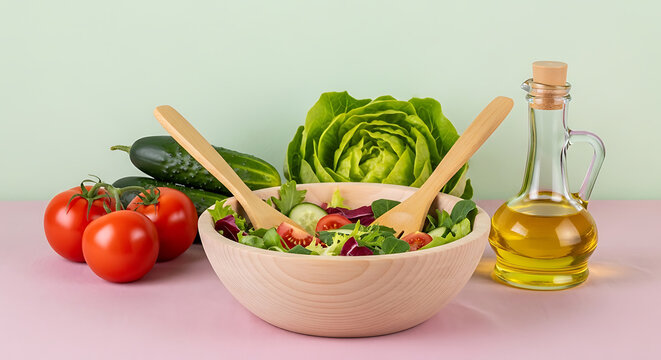 Fresh vegetable salad in light wooden bowl with cucumbers tomatoes lettuce and olive oil