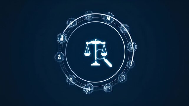 A glowing blue neon law scale icon.