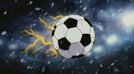 Naklejka premium Soccer ball lightning storm rain energy power speed night motion dynamic soccer ball with lightning bolt effect heavy rain dramatic night stadium light creating energetic sport concept scene