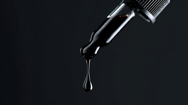 A dropper with a single drop of black liquid