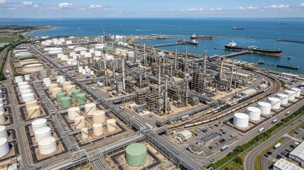 Fototapeta premium Aerial View of Industrial Complex with Cargo Ships and Storage Tanks