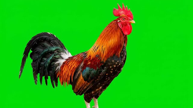 Vibrant rooster on a green screen background with detailed feathers, perfect for video editing and overlay
