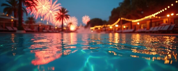 Naklejka premium Night pool party with vibrant fireworks display over palm trees and glowing string lights. Water reflects festive celebration, no people present. Luxury resort vacation ambiance.