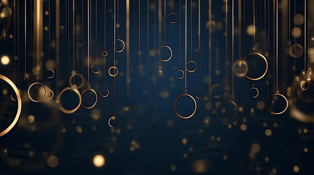 A dark blue gradient background adorned with golden rings of varying sizes and hanging lines, accompanied by subtle bokeh effects
