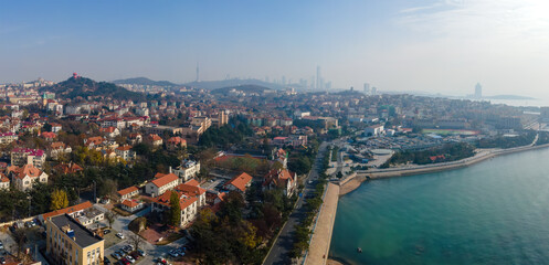 Obraz premium Aerial View of Qingdao City with Historic Buildings