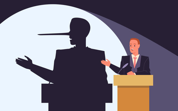 Businessman at podium casts shadow with long nose symbolizing dishonesty, political deception, and lack of trust in leadership, flat style isolated vector illustration