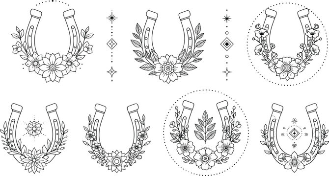 Minimal floral horseshoe collection with botanical elements geometric accents and elegant black line art lucky charm vector illustration set