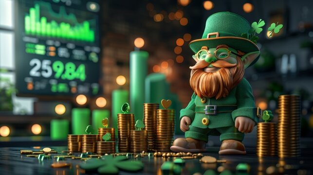 Leprechaun stands beside rising gold coins. Background shows stock charts with green uptrends. Coins glow under warm, festive lights. Leprechaun smiles confidently, eyes gleaming