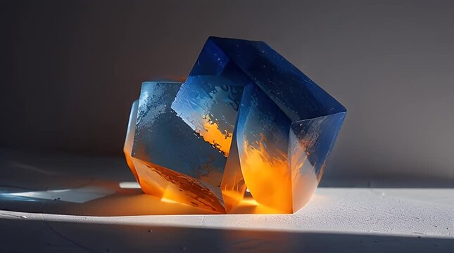 An abstract image features two crystalline forms with a gradient effect. The forms show a blend of vibrant colors and cast shadows on a white surface