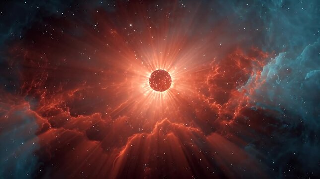 A vibrant nebula, with a central, radiating celestial body, surrounded by dynamic, swirling clouds in red and teal hues, and scattered stars