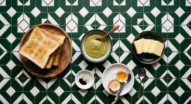 A cinematic flat lay of Singaporean Kaya Toast ingredients.