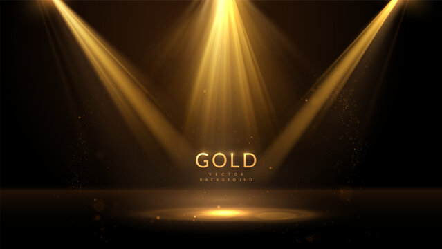 Luxury golden stage vector background with dramatic spotlight beams illuminating a glowing frame. Sparkling particles and light rays for luxurious awards ceremonies, presentations,