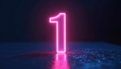 Fototapeta premium Glowing neon number one stands alone. Pink and blue lasers create abstract tunnel effect. Dark background with light reflection on wet floor. Modern digital art.