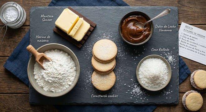 An 8k resolution overhead flat lay of Argentine Alfajores ingredients.