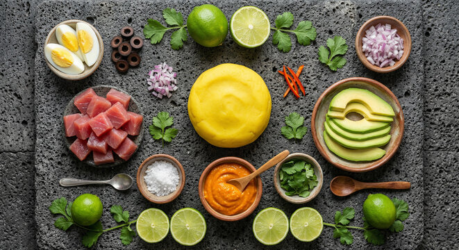 A cinematic top-down photograph of Peruvian Causa Rellena ingredients.