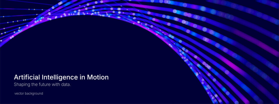 Futuristic abstract vector background with flowing neon lines and glowing particles forming a dynamic wave pattern on a blue background. Big data processing, artificial intelligence, digital networks