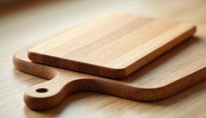 Fototapeta premium Two wooden chopping boards rest on a textured surface. One board is stacked atop another. Both have a natural wood grain and rounded edges. Simple kitchenware.
