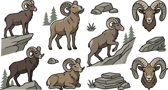 Bighorn Sheep Character Set with Rocky Terrain, Forest Elements, and Various Poses for Wildlife, Nature, and Outdoor Adventure Designs