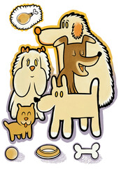 Zestaw uroczych psów różnych ras, ilustracja cartoon z akcesoriami dla zwierząt, przezroczyste tło  © ukasz