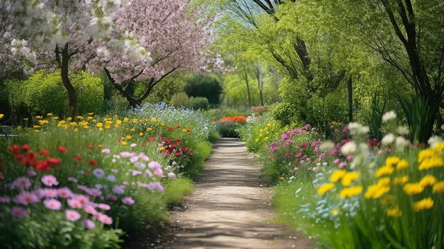 Sunny garden path with colorful spring flowers and blooming trees