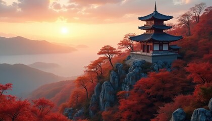 Naklejka premium Traditional Korean mountain house and temple pagoda surrounded by red orange maple trees in autumn forest. Sunrise mist creates hazy peaceful scenic landscape with golden hour light.