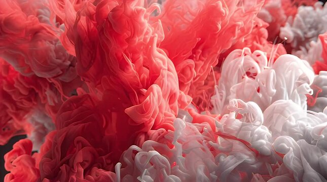 An abstract image showcases swirling red and white shapes, resembling clouds or fabric. The textures appear soft and flowing, creating a dreamy effect