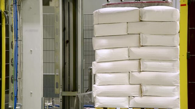 A part of an industrial machine or conveyor system used to pack bulk materials into paper bags.