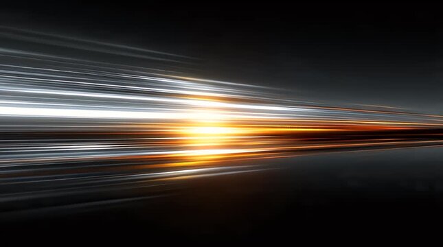 An abstract image featuring streaks of light, predominantly silver and orange, against a dark, gradient background. The lights form diagonal lines