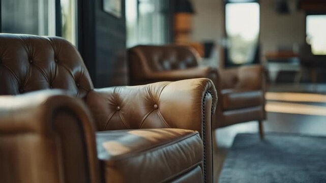 A cozy lounge with brown leather sofas and chairs, offering a modern and comfortable interior design.