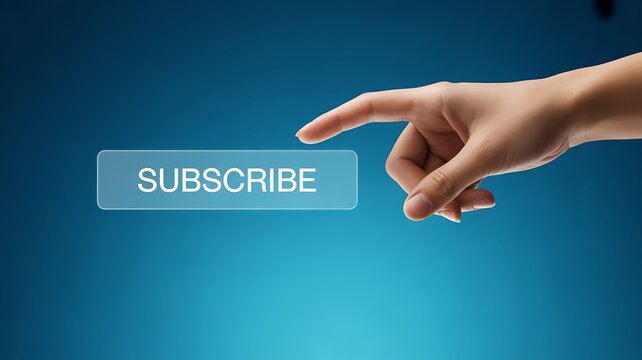 Hand clicking subscribe button on blue background, web interface