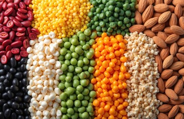 Fototapeta premium Assortment of colorful beans peas nuts and grains arranged in neat rows. Collection includes kidney beans black beans white beans green peas yellow corn kernels and almonds great for healthy recipes.