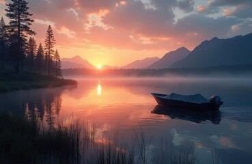 Obraz premium Boat floats on calm lake at sunrise. Mist hangs over water and trees line distant hills. Orange sky reflects on river surface. Pine trees stand on grassy shore.