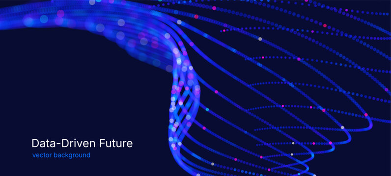 Futuristic abstract vector background with flowing neon lines and glowing particles forming a dynamic wave pattern on a blue background. Big data processing, artificial intelligence, digital networks