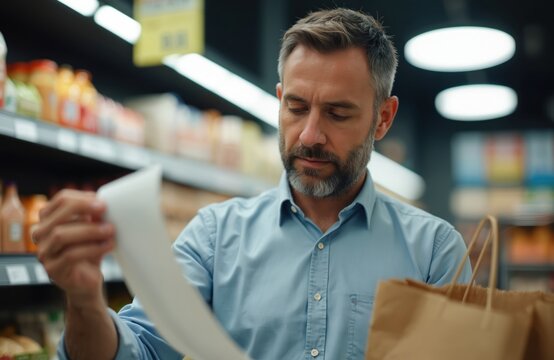 Man reviews grocery receipt in supermarket aisle. He holds paper bill and shopping bag, looking worried about rising prices and food costs. Consumer checks spending.