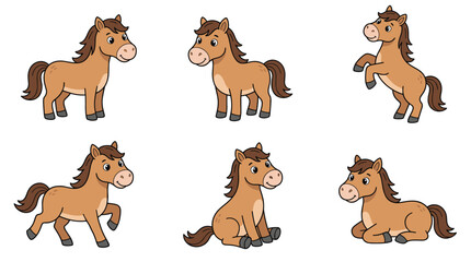 Obraz premium Adorable Cartoon Horse in Various Poses, Featuring Standing, Sitting, and Playful Movements for Fun Animal Illustration