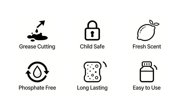 The oil removing and child friendly fragrance, phosphorus free long-lasting and easy-to-use cleaning efficacy icon represents the safe and efficient use of household cleaning agents
