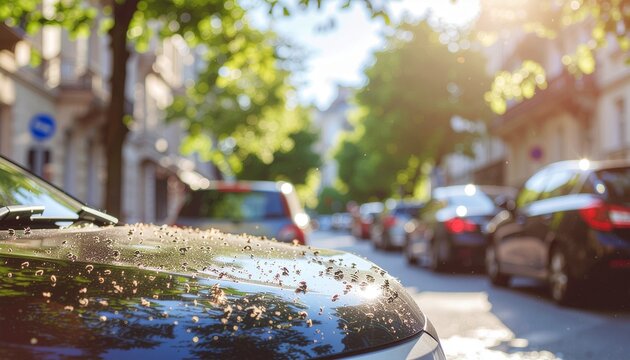 Dirty black car hood with bird droppings on a sunny city street